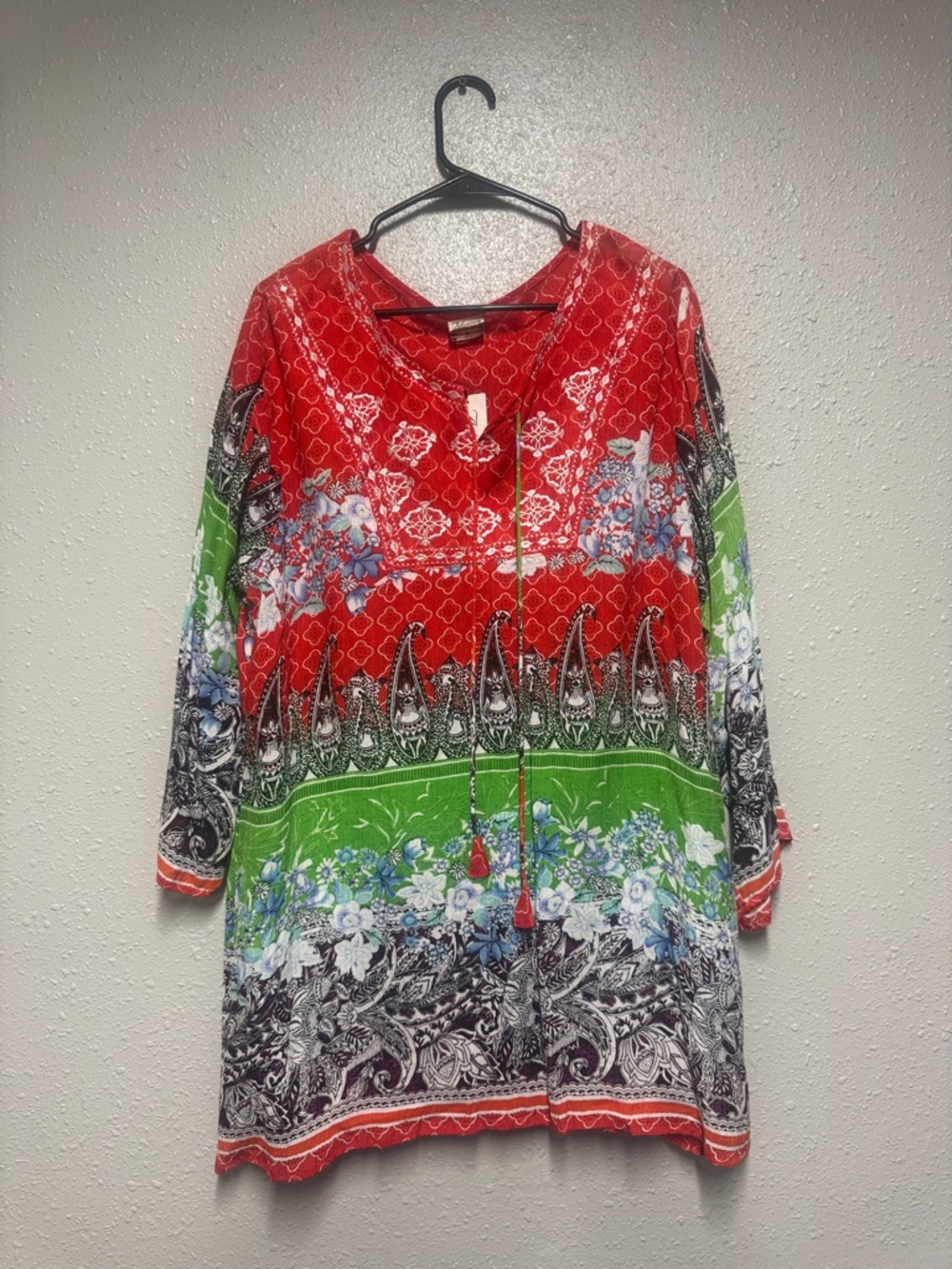 Advance Apparels Red & Green Printed Boho Tunic with Tassel Detail